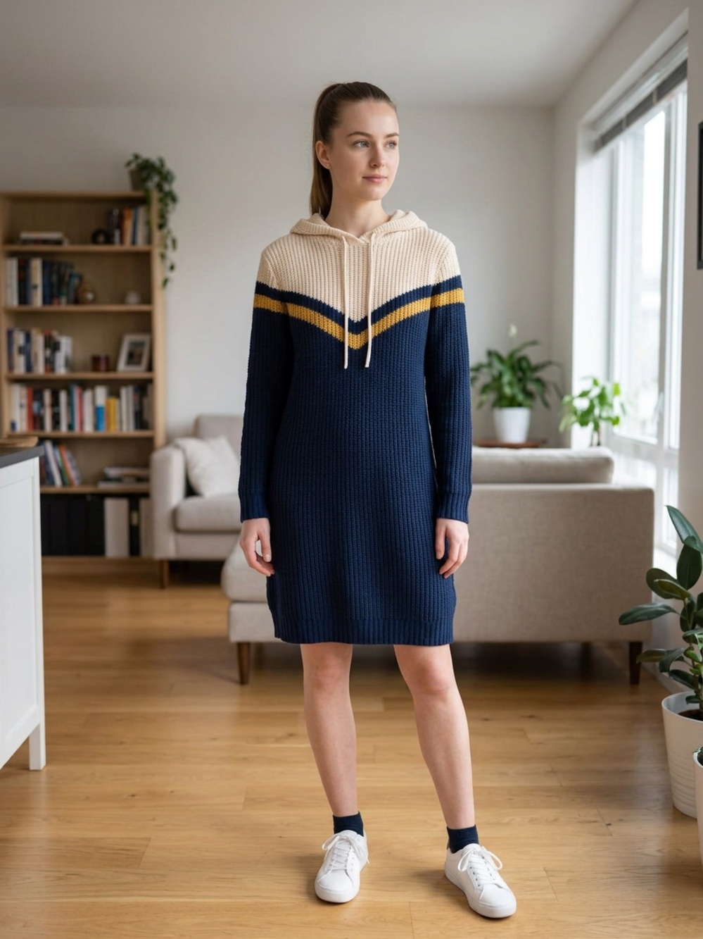 Knit Hoodie Sweater Dress in Navy with Cream & Mustard Stripes

Size 2XL